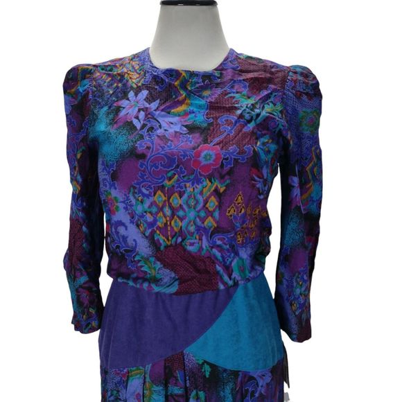 Vintage 80s Secretary Midi Dress Size S/M Rayon Purple Boho Floral Print - Picture 5 of 12